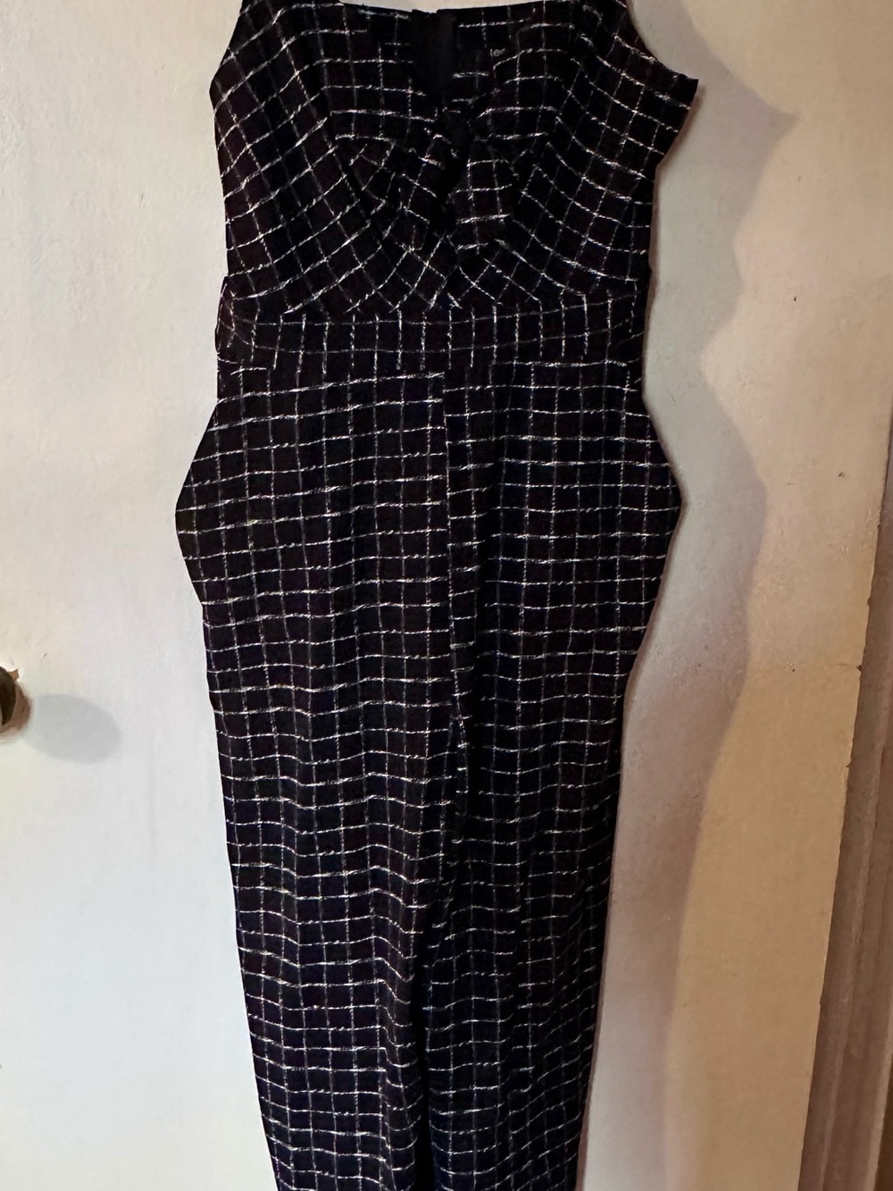 Teeze Me Black Windowpane Strapless Jumpsuit with White Grid